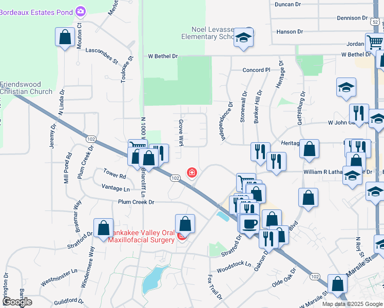 map of restaurants, bars, coffee shops, grocery stores, and more near 100 Jones Drive in Bourbonnais