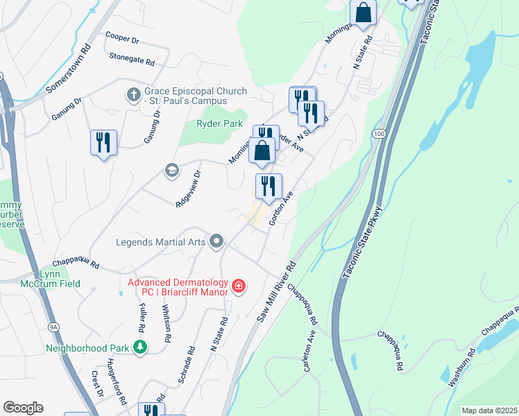 map of restaurants, bars, coffee shops, grocery stores, and more near 525 North State Road in Briarcliff Manor