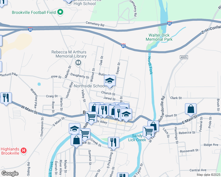 map of restaurants, bars, coffee shops, grocery stores, and more near 280 Church Street in Brookville