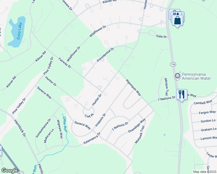 map of restaurants, bars, coffee shops, grocery stores, and more near 1201 Hunter Drive in Tobyhanna