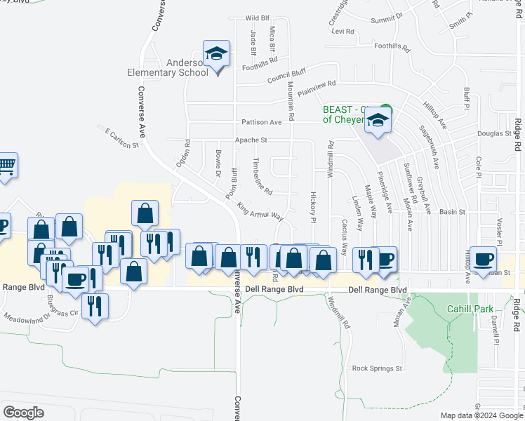 map of restaurants, bars, coffee shops, grocery stores, and more near 5061 Timberline Road in Cheyenne