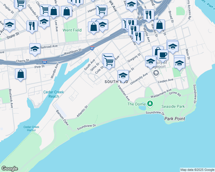 map of restaurants, bars, coffee shops, grocery stores, and more near 77 Forest Street in Bridgeport