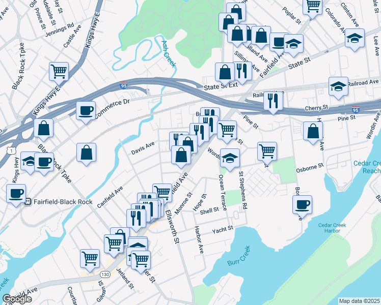 map of restaurants, bars, coffee shops, grocery stores, and more near 58 Whittier Street in Bridgeport