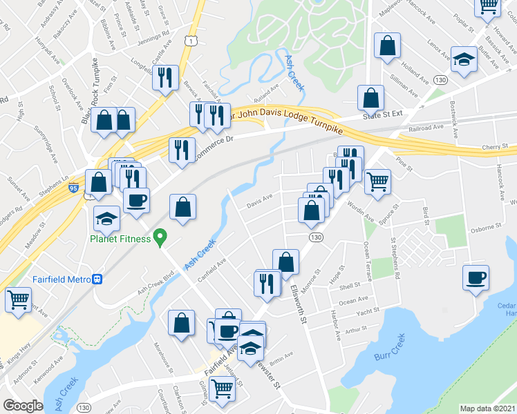 map of restaurants, bars, coffee shops, grocery stores, and more near 86 Davis Avenue in Bridgeport