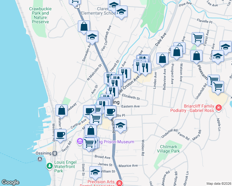 map of restaurants, bars, coffee shops, grocery stores, and more near 53 New York 133 in Ossining