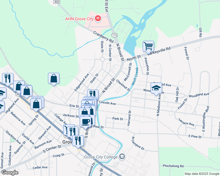 map of restaurants, bars, coffee shops, grocery stores, and more near 309 North Broad Street in Grove City