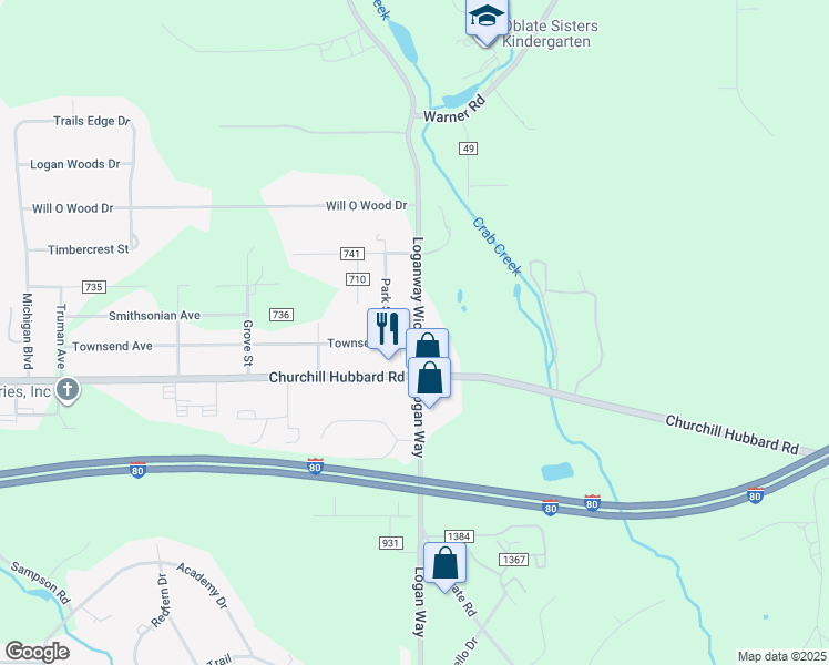 map of restaurants, bars, coffee shops, grocery stores, and more near 4530 Loganway Wick Avenue in Hubbard