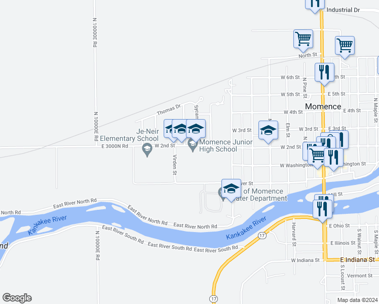 map of restaurants, bars, coffee shops, grocery stores, and more near 801 West 2nd Street in Momence