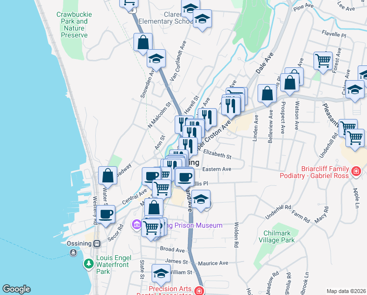 map of restaurants, bars, coffee shops, grocery stores, and more near 38 North Highland Avenue in Ossining