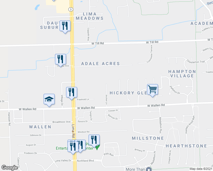 map of restaurants, bars, coffee shops, grocery stores, and more near Archer Lane in Fort Wayne