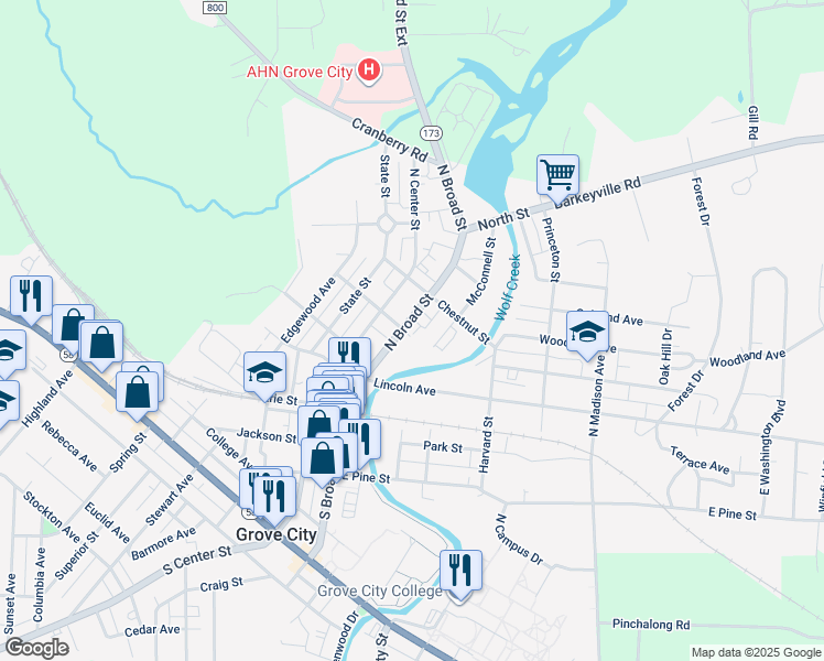 map of restaurants, bars, coffee shops, grocery stores, and more near 304 North Broad Street in Grove City