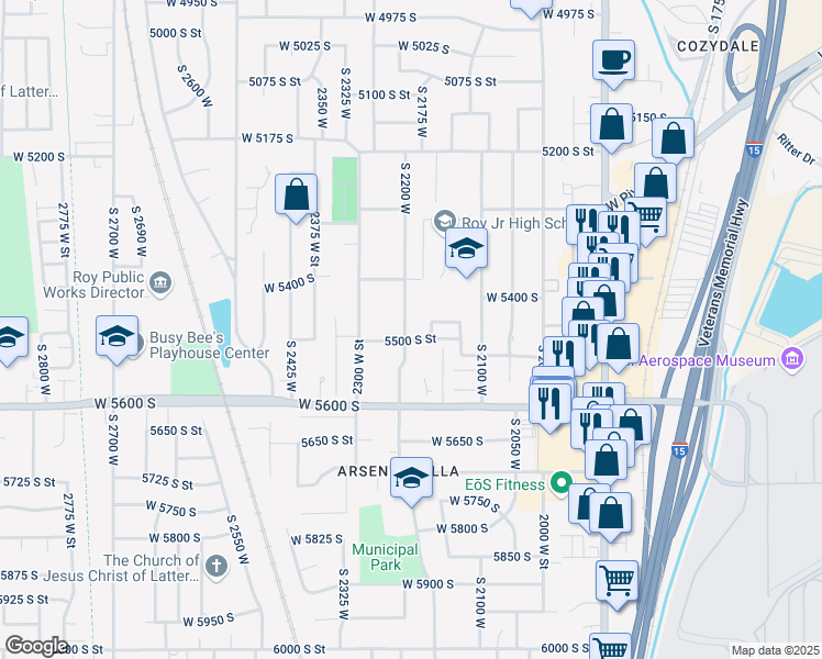 map of restaurants, bars, coffee shops, grocery stores, and more near 5482 South 2200 West in Roy