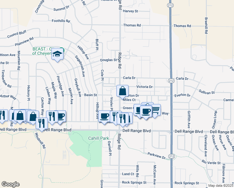 map of restaurants, bars, coffee shops, grocery stores, and more near 3315 Dean Paul Drive in Cheyenne