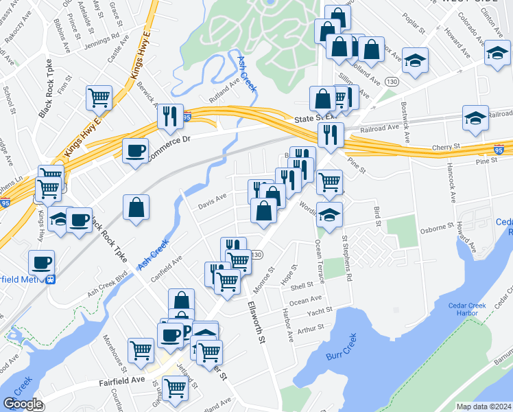 map of restaurants, bars, coffee shops, grocery stores, and more near 101 Hansen Avenue in Bridgeport