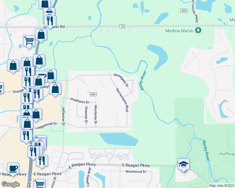 map of restaurants, bars, coffee shops, grocery stores, and more near 4059 Sacramento Boulevard in Medina