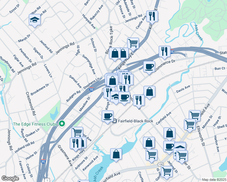 map of restaurants, bars, coffee shops, grocery stores, and more near 1201 Kings Highway in Fairfield