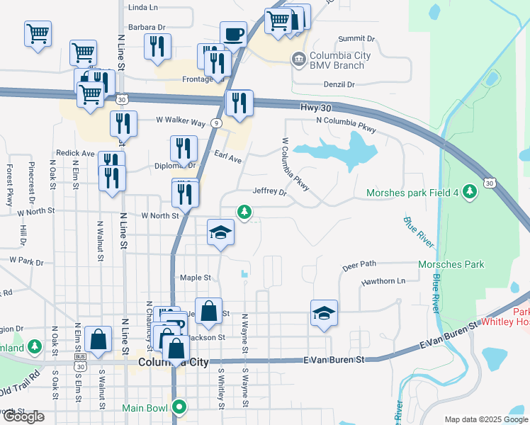 map of restaurants, bars, coffee shops, grocery stores, and more near 18 Jeffrey Drive in Columbia City