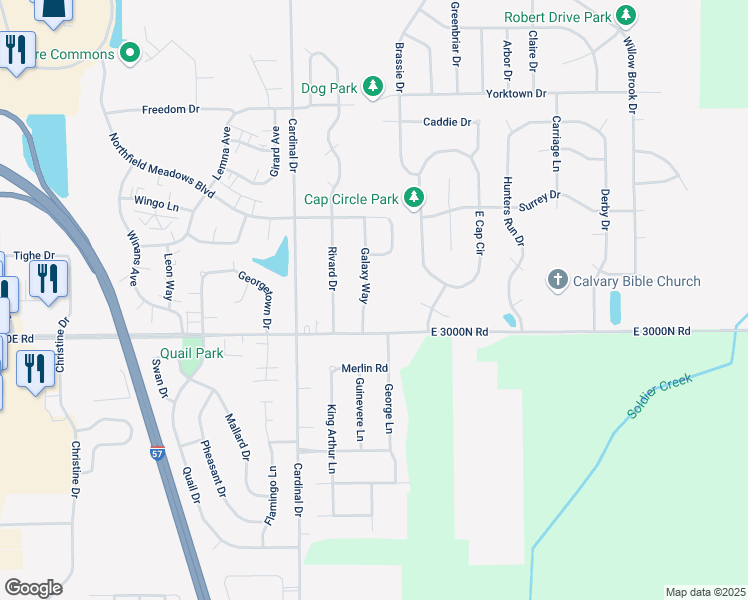 map of restaurants, bars, coffee shops, grocery stores, and more near 1390 Galaxy Way in Bourbonnais