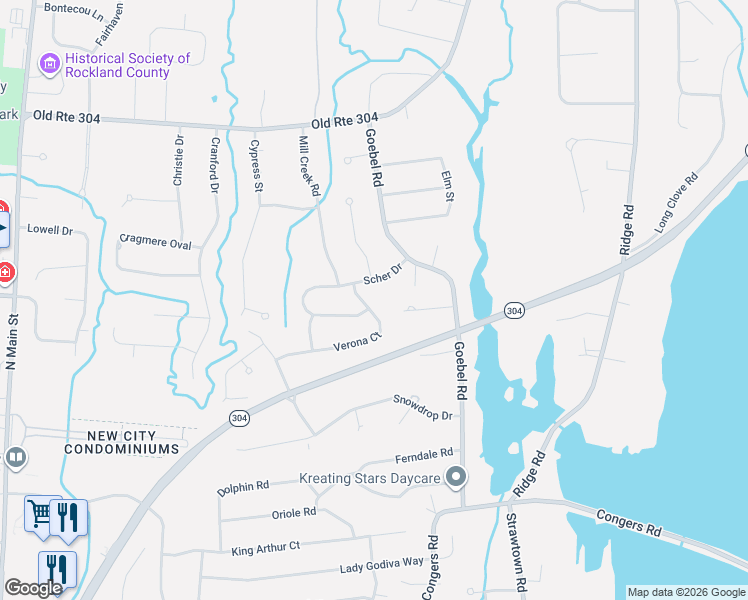 map of restaurants, bars, coffee shops, grocery stores, and more near 7 Scher Drive in New City