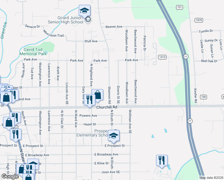 map of restaurants, bars, coffee shops, grocery stores, and more near 906 Shannon Road in Girard