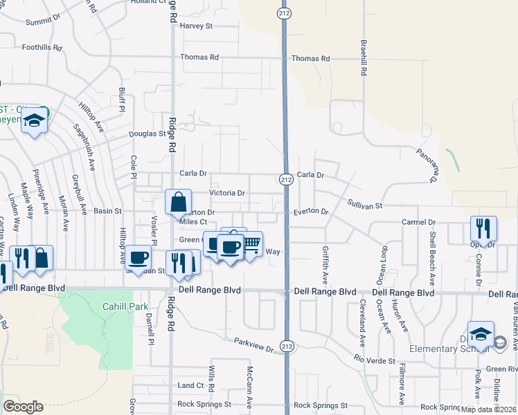 map of restaurants, bars, coffee shops, grocery stores, and more near 3805 Victoria Drive in Cheyenne
