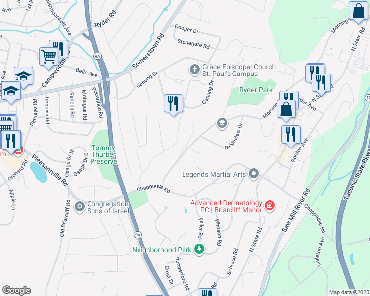 map of restaurants, bars, coffee shops, grocery stores, and more near 22 Studio Hill Road in Briarcliff Manor