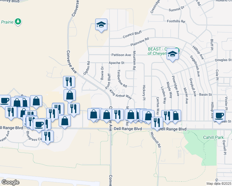 map of restaurants, bars, coffee shops, grocery stores, and more near 5061 Timberline Road in Cheyenne