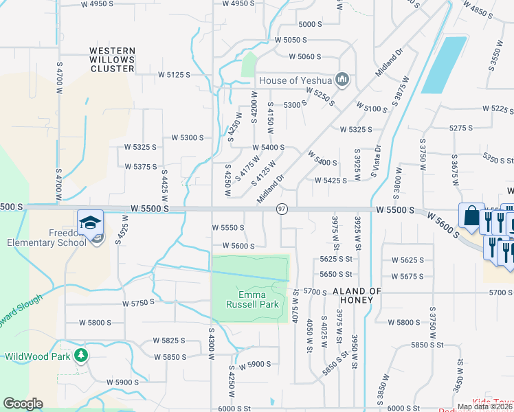 map of restaurants, bars, coffee shops, grocery stores, and more near 5460 South 4125 West in Roy