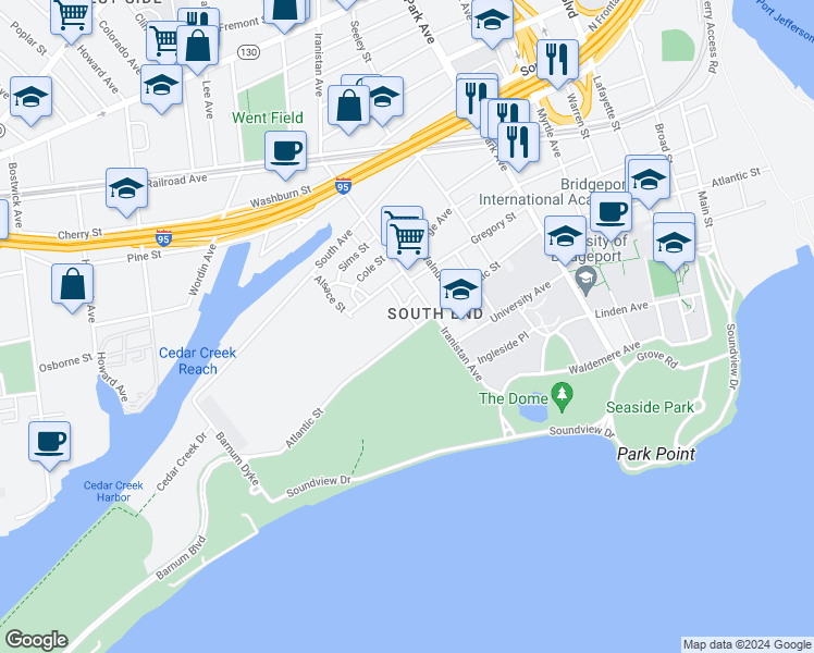 map of restaurants, bars, coffee shops, grocery stores, and more near in Bridgeport