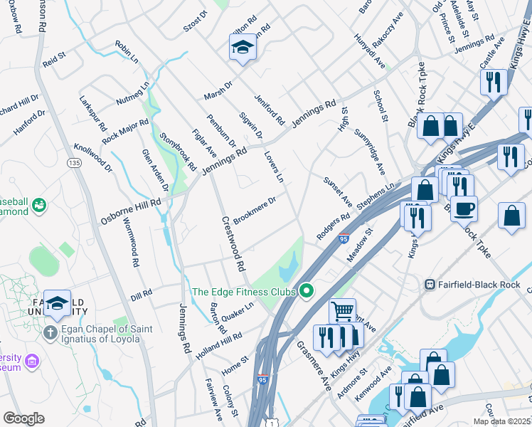 map of restaurants, bars, coffee shops, grocery stores, and more near 70 Brookmere Drive in Fairfield