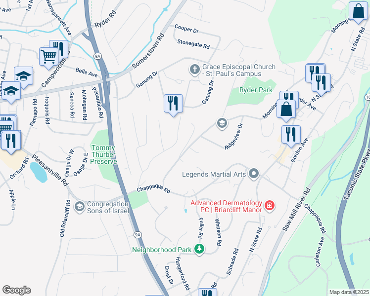 map of restaurants, bars, coffee shops, grocery stores, and more near 22 Studio Hill Road in Briarcliff Manor