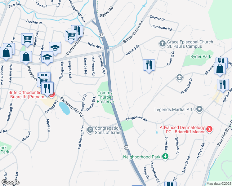 map of restaurants, bars, coffee shops, grocery stores, and more near 30 Donald Lane in Ossining