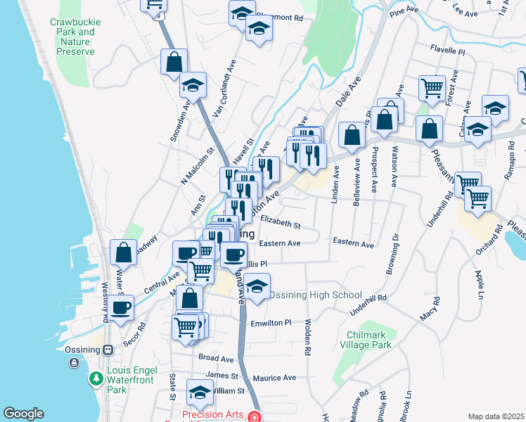 map of restaurants, bars, coffee shops, grocery stores, and more near 53 New York 133 in Ossining