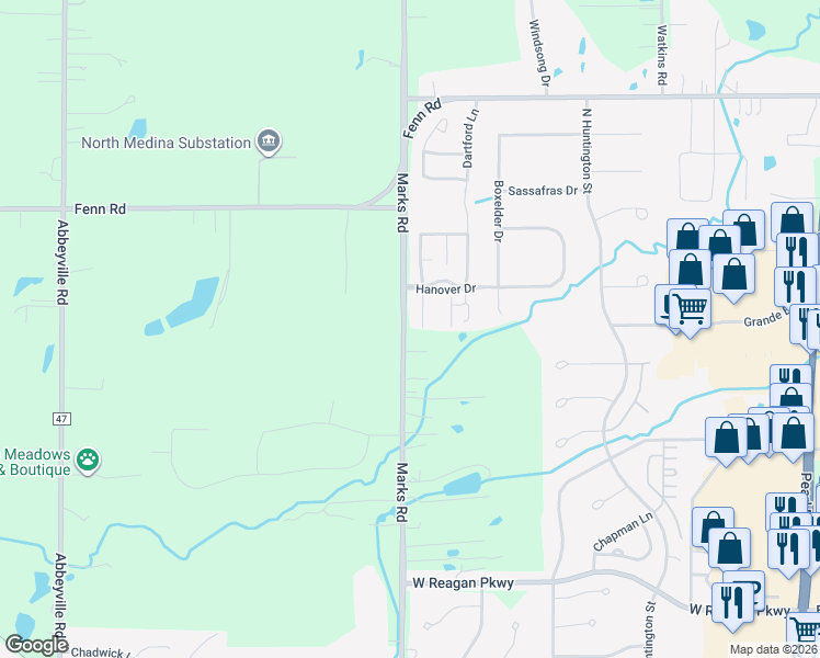 map of restaurants, bars, coffee shops, grocery stores, and more near 4015 Marks Road in Medina