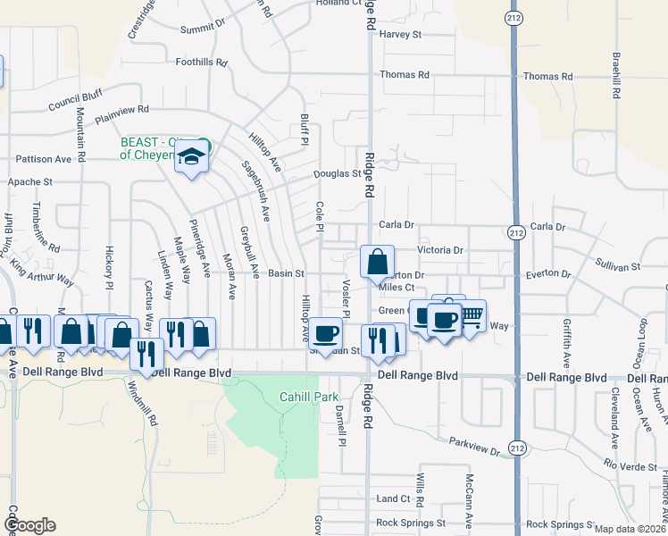 map of restaurants, bars, coffee shops, grocery stores, and more near 3218 Basin Street in Cheyenne