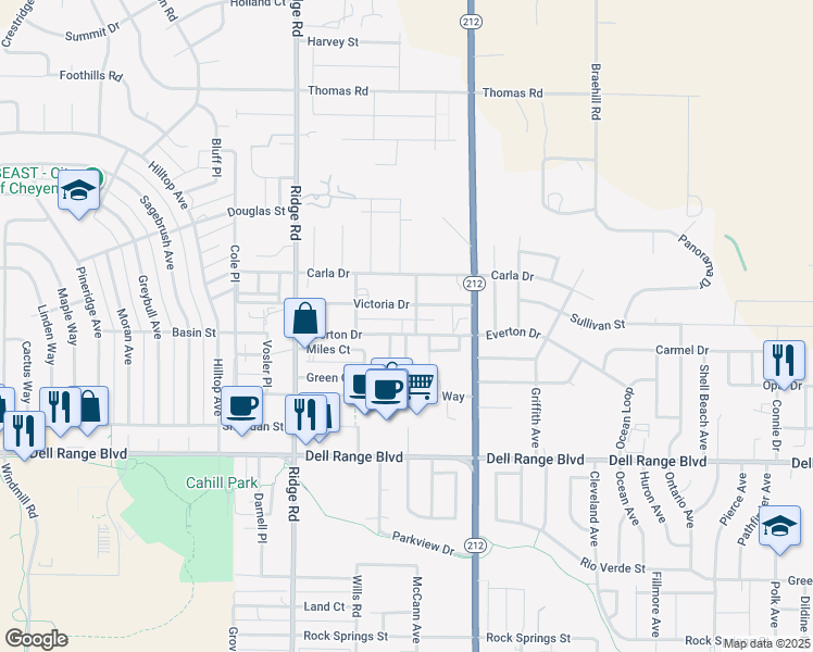 map of restaurants, bars, coffee shops, grocery stores, and more near 3617 Victoria Drive in Cheyenne