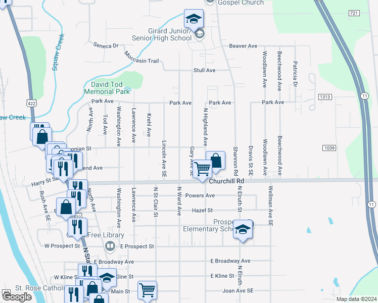 map of restaurants, bars, coffee shops, grocery stores, and more near 864 Gary Avenue Southeast in Girard