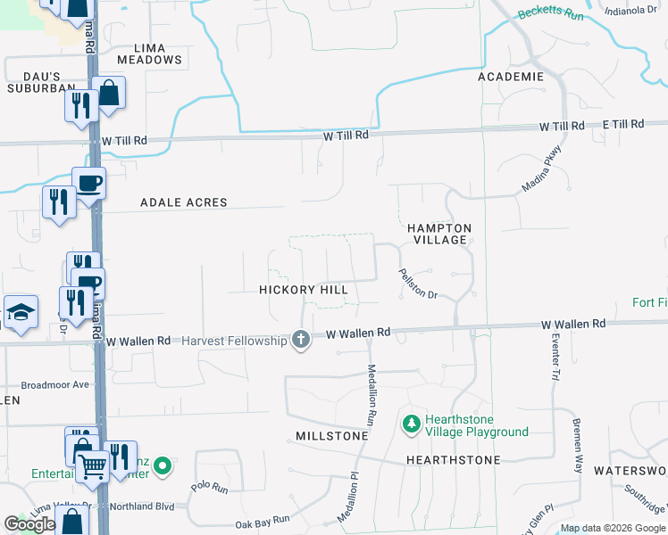 map of restaurants, bars, coffee shops, grocery stores, and more near 9023 Dartford Court in Fort Wayne