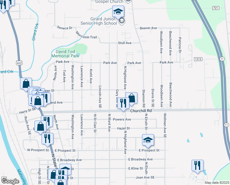 map of restaurants, bars, coffee shops, grocery stores, and more near 901 North Ward Avenue in Girard