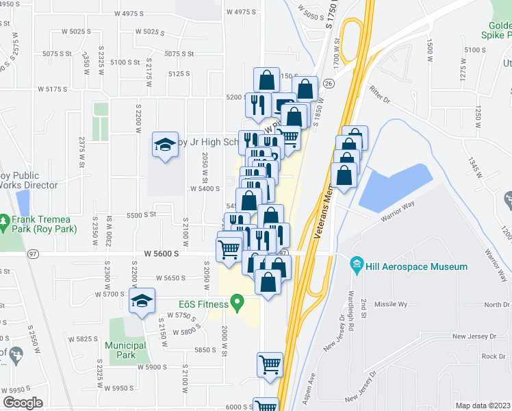 map of restaurants, bars, coffee shops, grocery stores, and more near 1975 5450 South Street in Roy