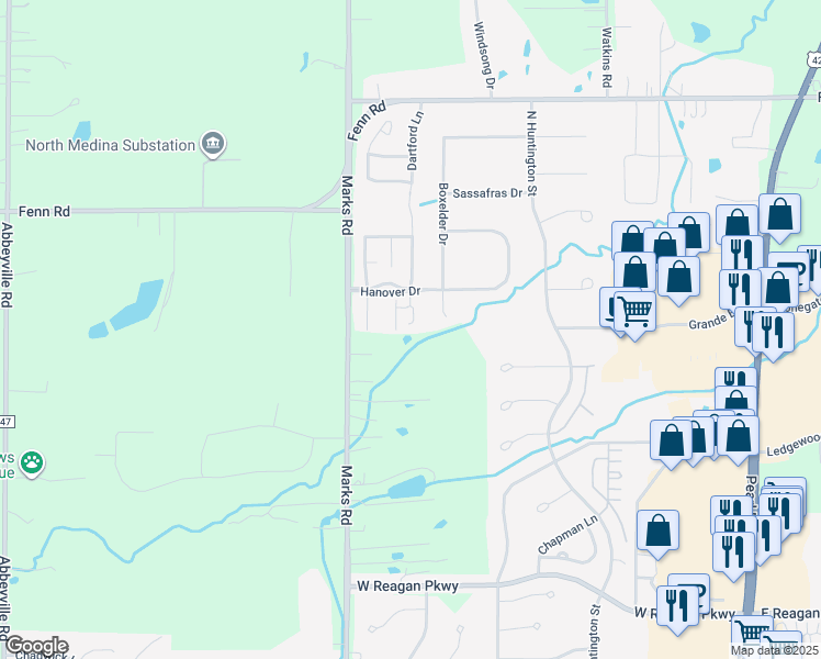 map of restaurants, bars, coffee shops, grocery stores, and more near 4038 Elizabeth Way in Medina
