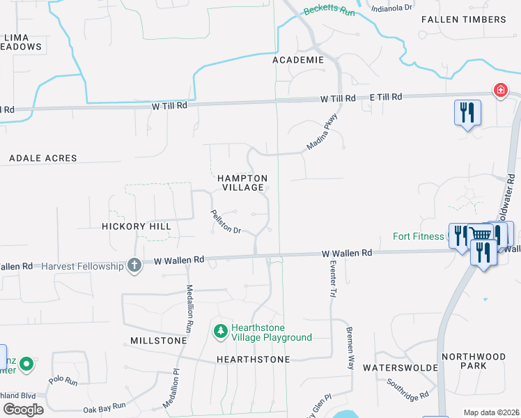 map of restaurants, bars, coffee shops, grocery stores, and more near 9042 Olmston Drive in Fort Wayne