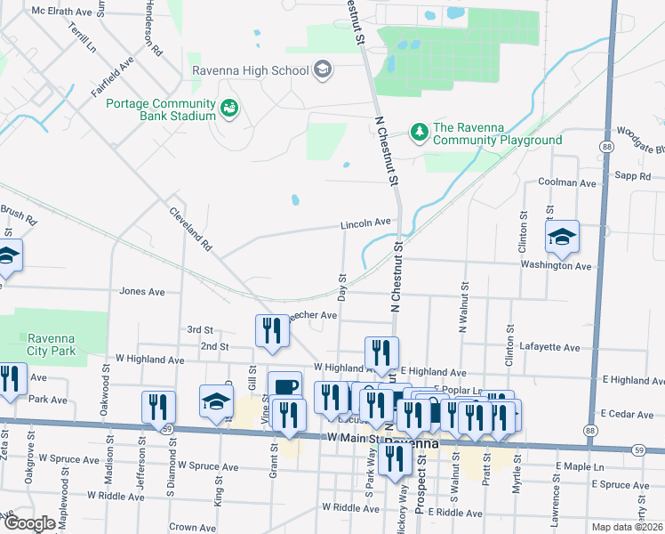 map of restaurants, bars, coffee shops, grocery stores, and more near 535 Day Street in Ravenna