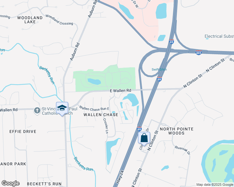 map of restaurants, bars, coffee shops, grocery stores, and more near 2302 East Wallen Road in Fort Wayne