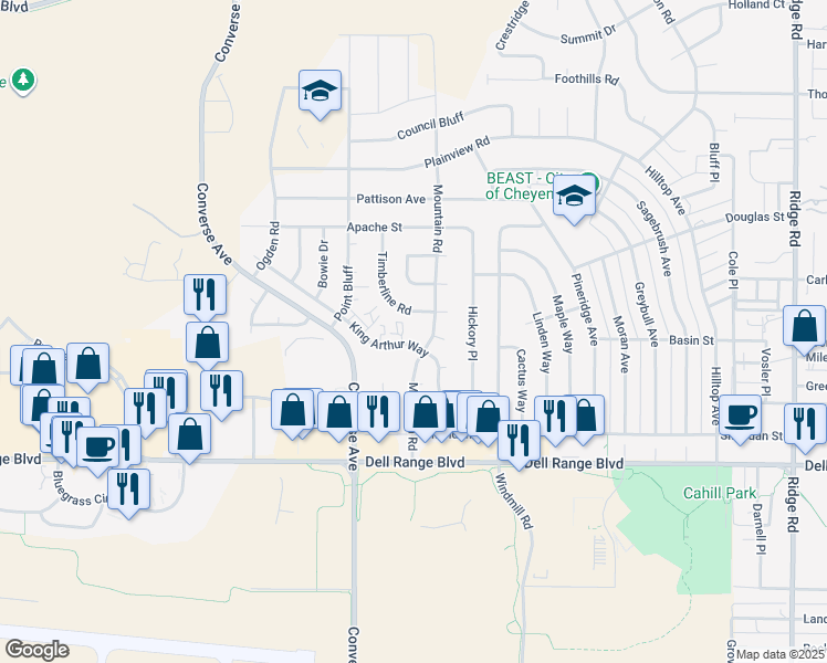 map of restaurants, bars, coffee shops, grocery stores, and more near 4960 Mountain Road in Cheyenne