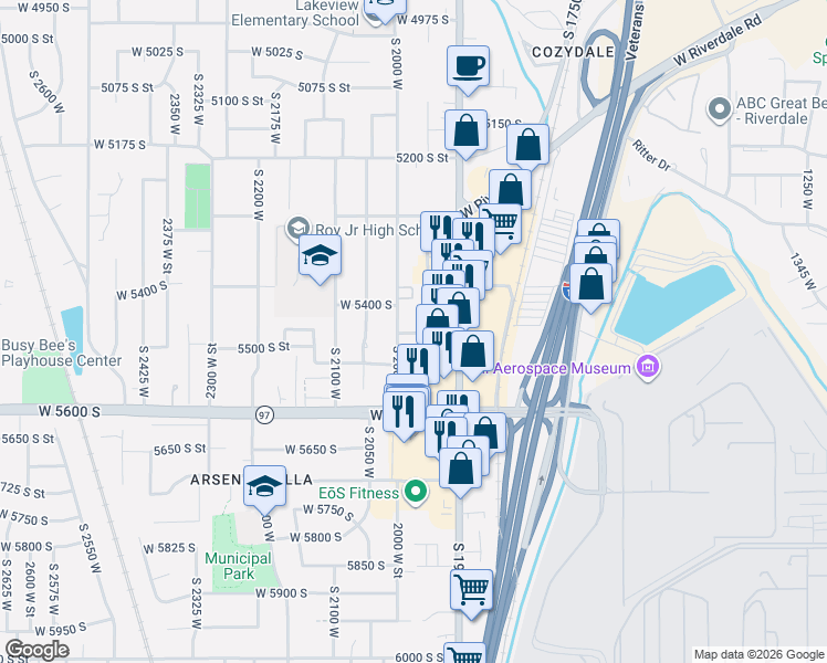 map of restaurants, bars, coffee shops, grocery stores, and more near 1951 5400 South Street in Roy