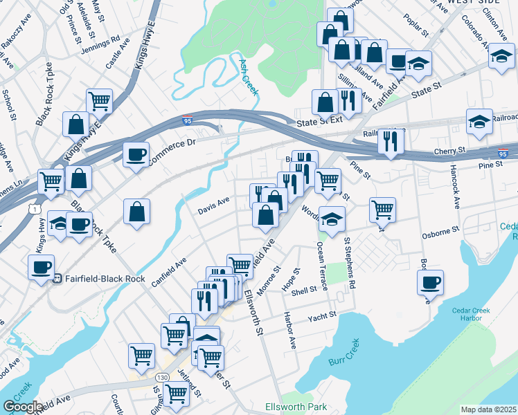 map of restaurants, bars, coffee shops, grocery stores, and more near 139 Whittier Street in Bridgeport