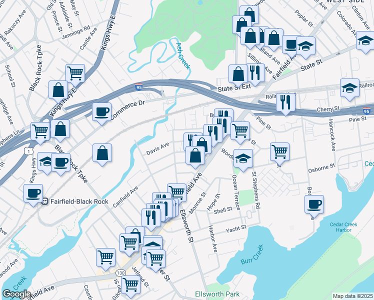 map of restaurants, bars, coffee shops, grocery stores, and more near 139 Whittier Street in Bridgeport