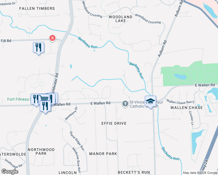 map of restaurants, bars, coffee shops, grocery stores, and more near 1431 East Wallen Road in Fort Wayne