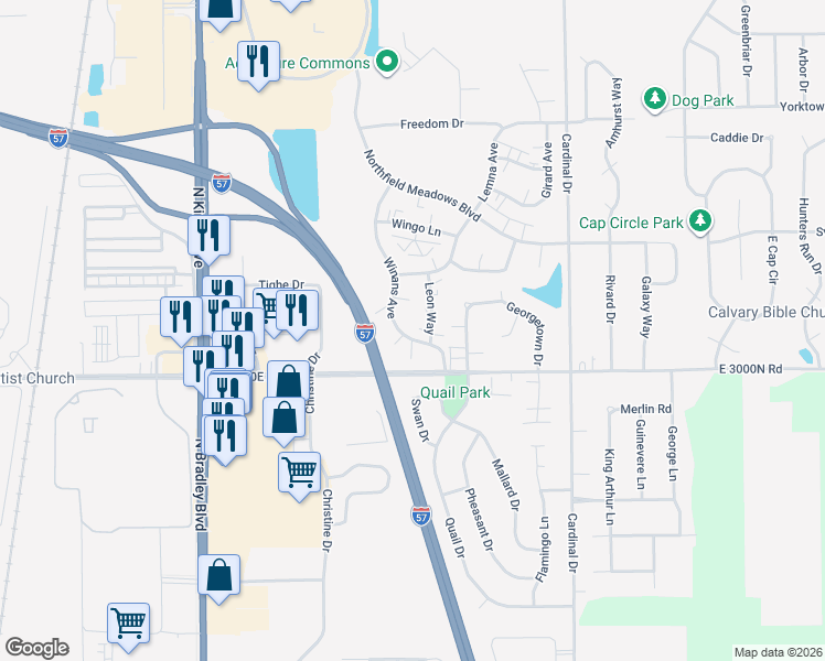 map of restaurants, bars, coffee shops, grocery stores, and more near 1227 Leon Way in Bourbonnais